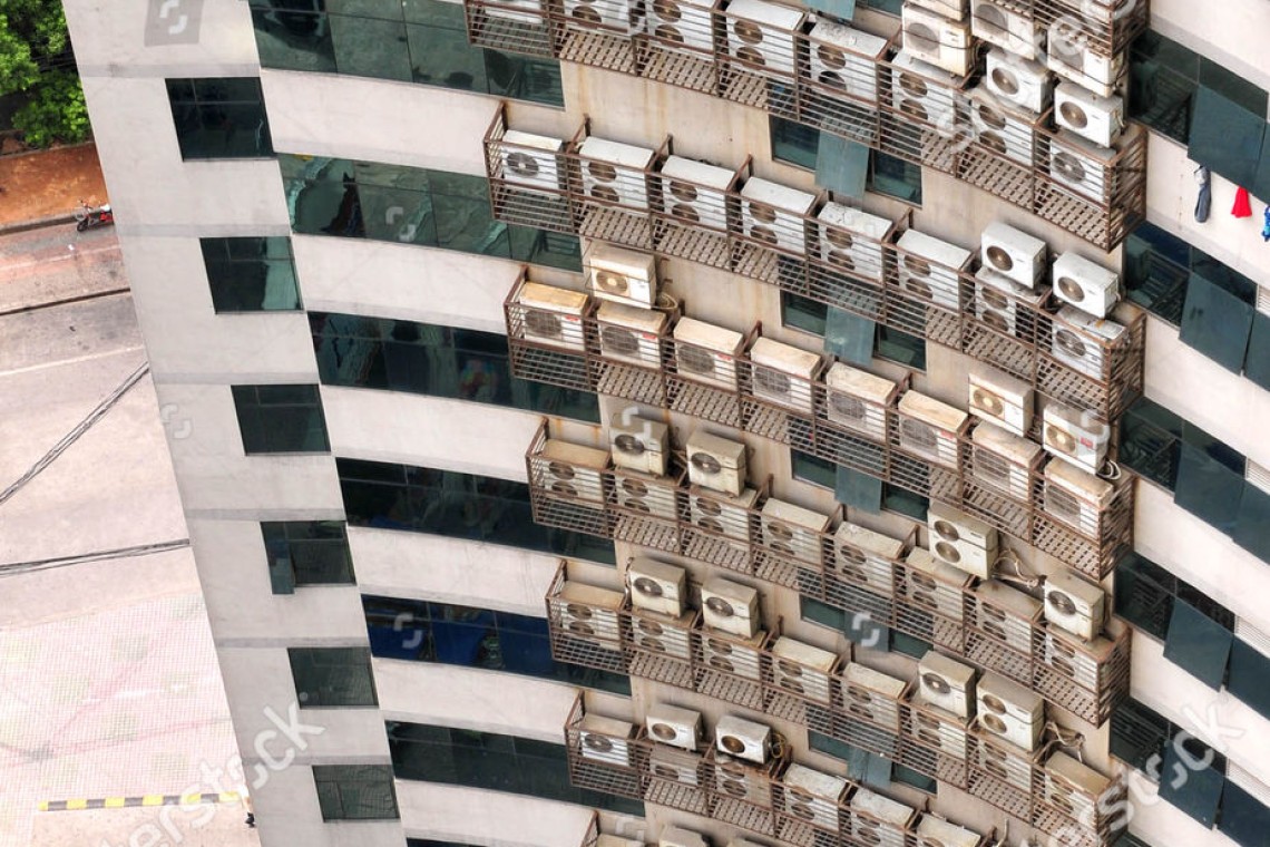 25-storey block of flats covered with hundreds of air conditioning units, Dali Jiacheng Plaza, Fuzhou, Fujian Province, China - 11 Aug 2011